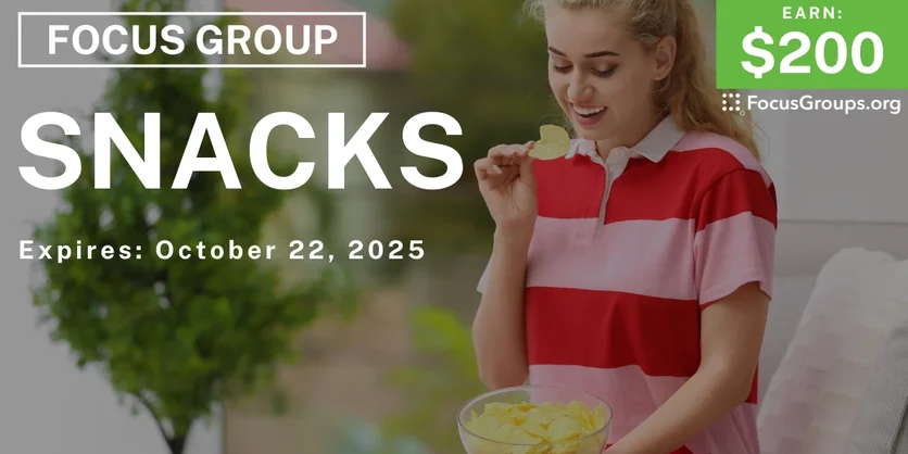 Graphic promoting Focus Group in LA on Snacks, $200 payout, happening October 23, 2025