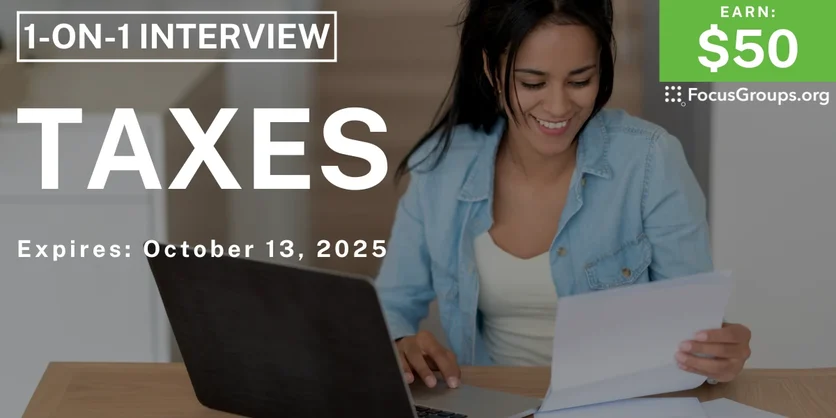Graphic promoting Research Study on Taxes, $50 payout, happening October 14, 2025