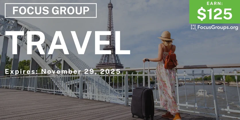 Graphic promoting Focus Group on Travel, $125 payout, happening November 30, 2025