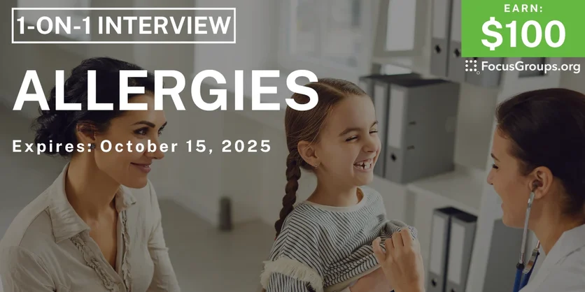 Graphic promoting Research Study for Parents on Allergies, $100 payout, happening October 15, 2025