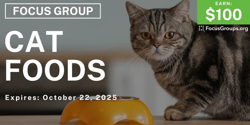 Graphic promoting Focus Group in Nashville on Cat Foods, $100 payout, happening October 22, 2025