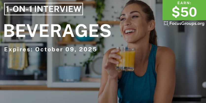 Graphic promoting Research Study on Beverages, $50 payout, happening October 10, 2025