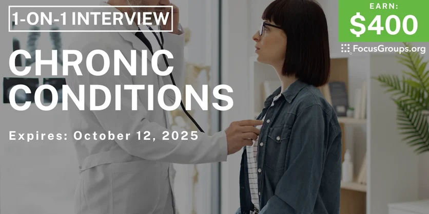 Graphic promoting Research Study on Chronic Conditions, $400 payout, happening October 13, 2025