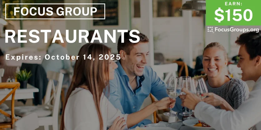 Graphic promoting Focus Group for Parents in LA on Restaurants, $150 payout, happening October 15, 2025