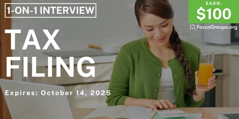 Graphic promoting Research Study on Tax Filing, $100 payout, happening October 15, 2025