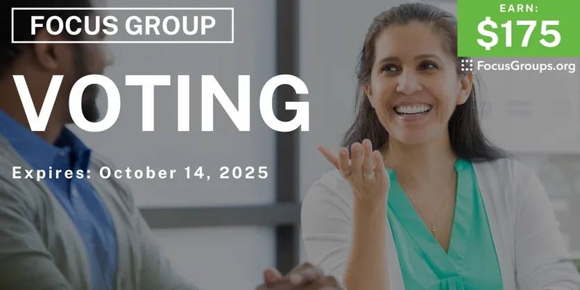 Graphic promoting Focus Group in NYC on Voting, $175 payout, happening October 15, 2025
