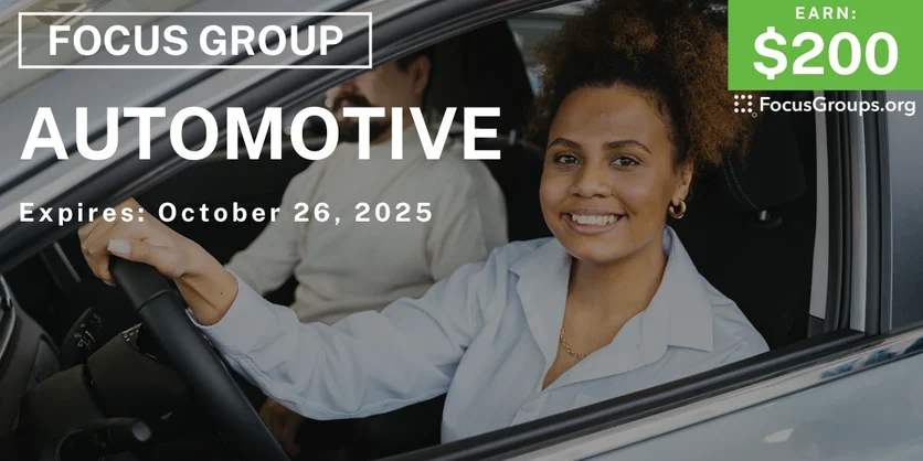 Graphic promoting Focus Group in Irvine on Automotive, $200 payout, happening October 27, 2025