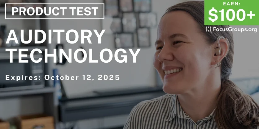 Graphic promoting Product Test in NYC on Auditory Technology, $100+ payout, happening October 13, 2025