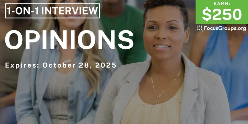 Graphic promoting Research Study in NYC on Opinions, $250 payout, happening October 29, 2025