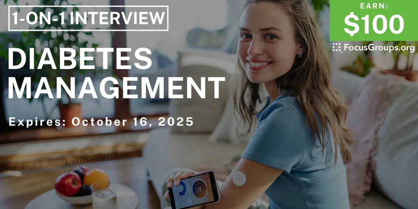 Graphic promoting Research Study on Diabetes Management, $100 payout, happening October 16, 2025