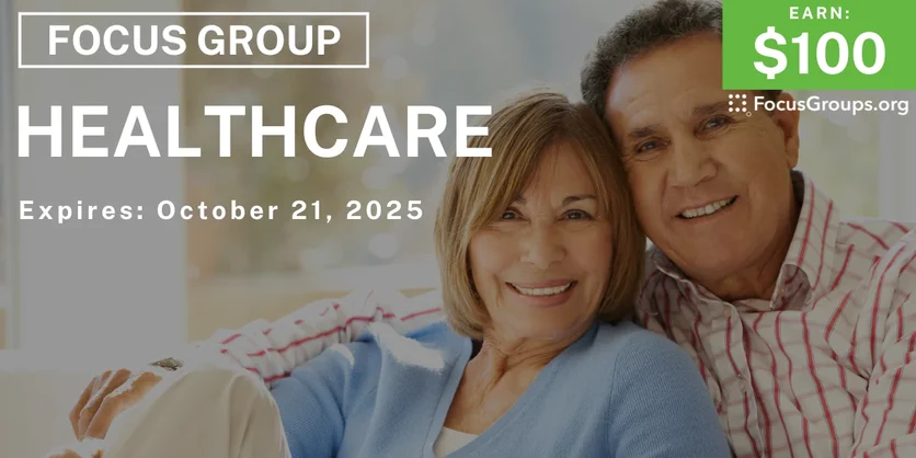Graphic promoting Focus Group for Hispanic/Latino Seniors on Healthcare, $100 payout, happening October 21, 2025