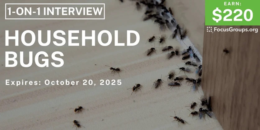 Graphic promoting Research Study in NYC on Household Bugs, $220 payout, happening October 20, 2025