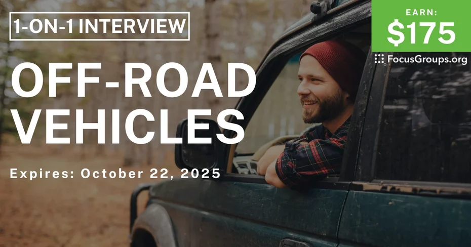 Graphic promoting Research Study in Phoenix on Off-Road Vehicles, $175 payout, happening October 23, 2025
