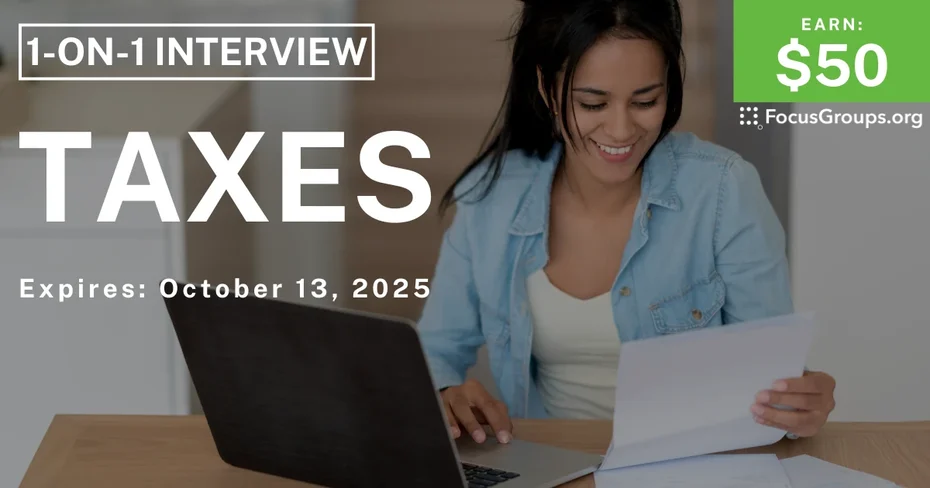 Graphic promoting Research Study on Taxes, $50 payout, happening October 14, 2025