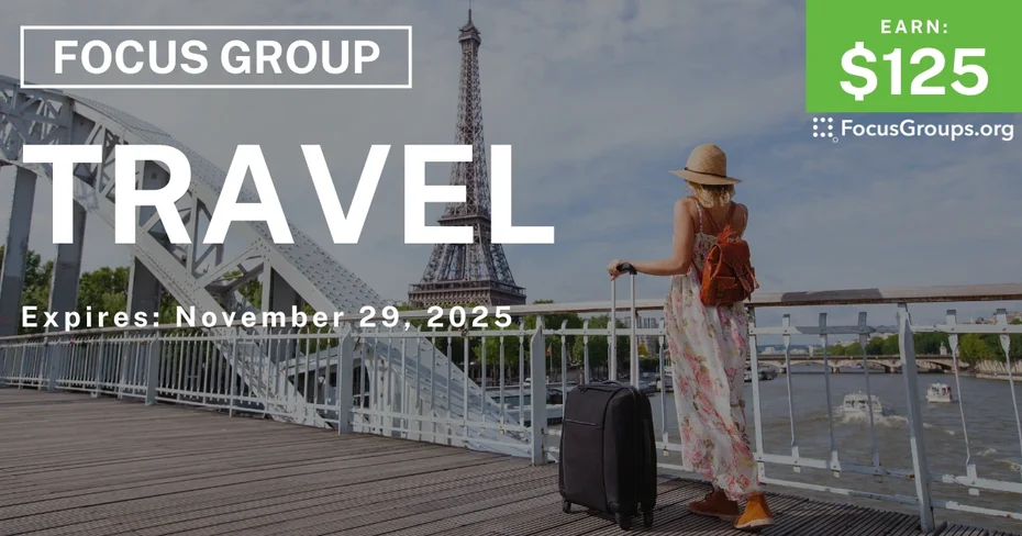 Graphic promoting Focus Group on Travel, $125 payout, happening November 30, 2025