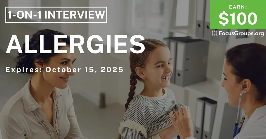 Graphic promoting Research Study for Parents on Allergies, $100 payout, happening October 15, 2025