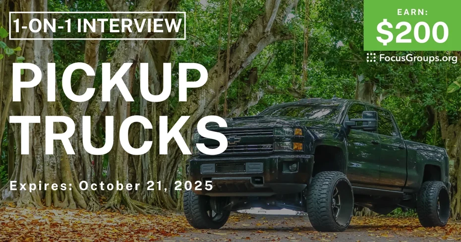 Graphic promoting Research Study in LA on Pickup Trucks, $200 payout, happening October 22, 2025
