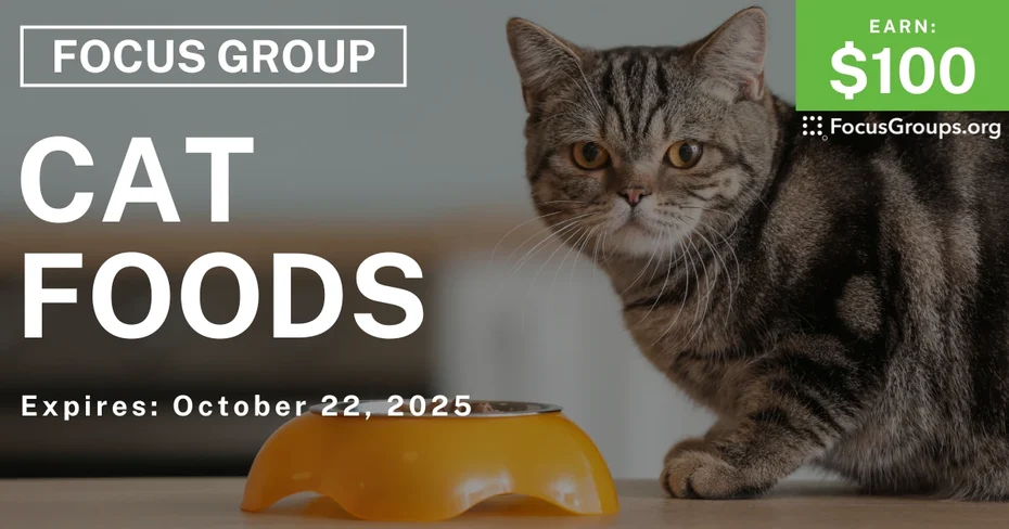 Graphic promoting Focus Group in Nashville on Cat Foods, $100 payout, happening October 22, 2025