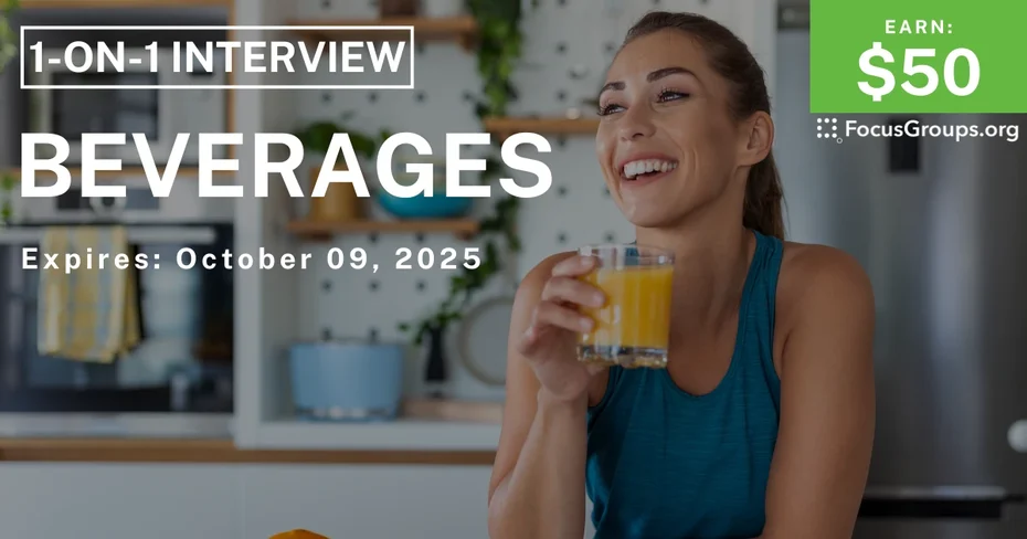 Graphic promoting Research Study on Beverages, $50 payout, happening October 10, 2025