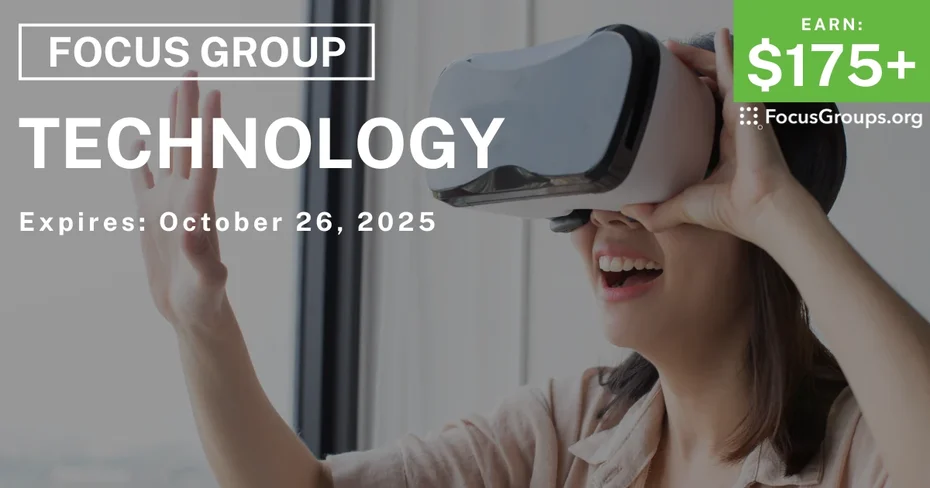Graphic promoting Focus Group in NYC on Technology, $175+ payout, happening October 26, 2025