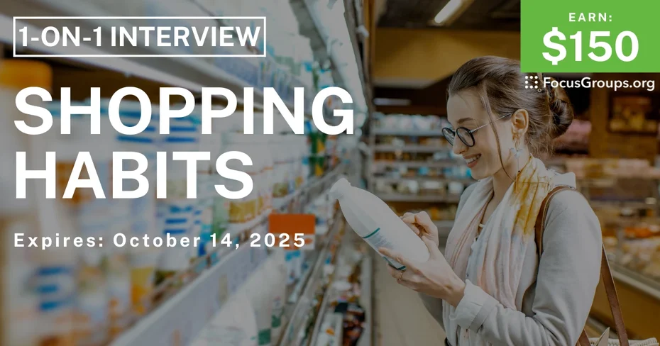 Graphic promoting Research Study in Minneapolis on Shopping Habits, $150 payout, happening October 15, 2025