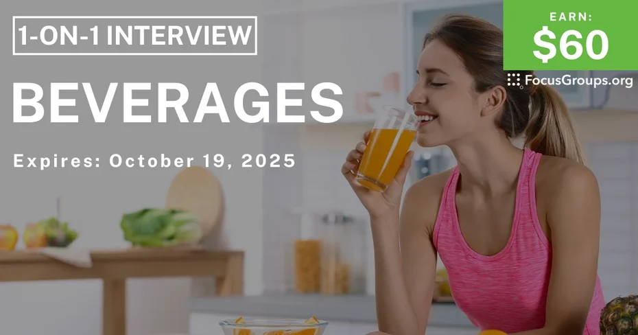 Graphic promoting Research Study on Beverages, $60 payout, happening October 20, 2025