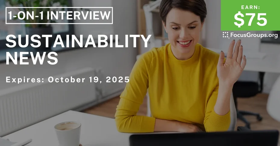 Graphic promoting Research Study on Sustainability News, $75 payout, happening October 20, 2025
