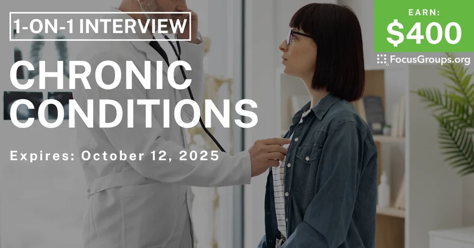 Graphic promoting Research Study on Chronic Conditions, $400 payout, happening October 13, 2025