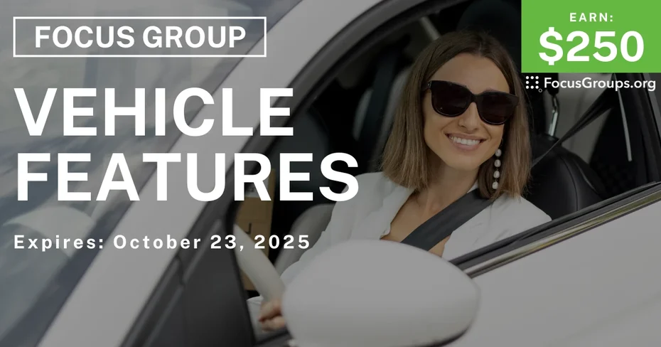 Graphic promoting Focus Group for Toyota & Lexus Owners in Detroit on Vehicle Features, $250 payout, happening October 24, 2025