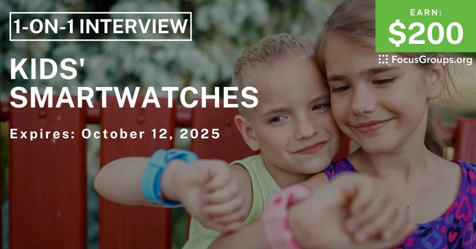 Graphic promoting Research Study in Atlanta on Kids' Smartwatches, $200 payout, happening October 13, 2025