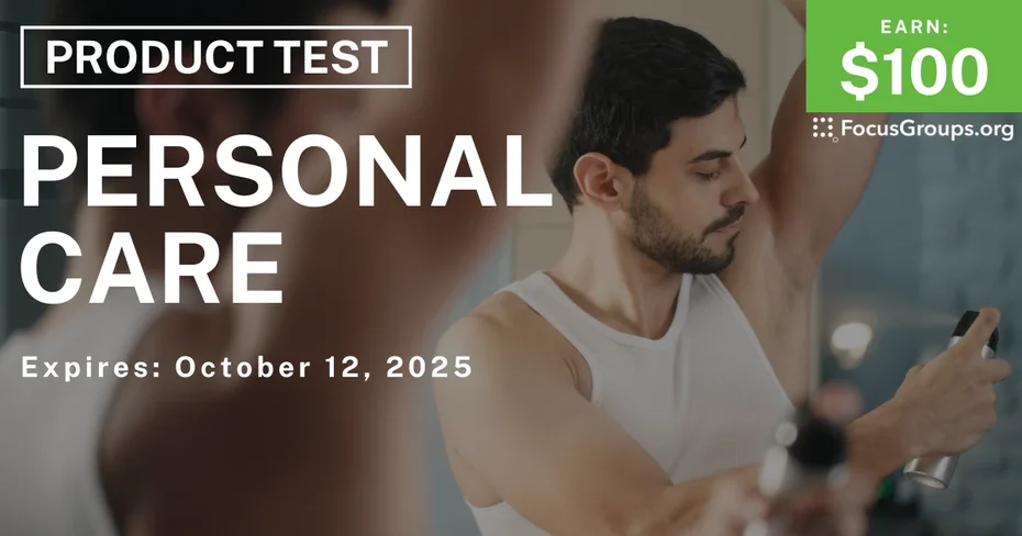 Graphic promoting Product Test for Men in Milwaukee on Personal Care, $100 payout, happening October 13, 2025