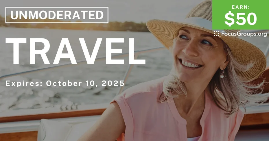 Graphic promoting Research Study on Travel, $50 payout, happening October 11, 2025