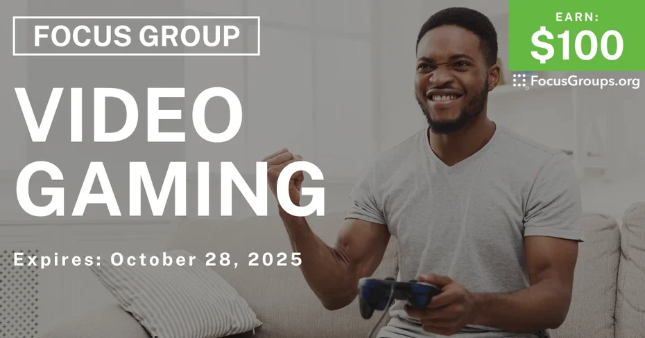 Graphic promoting Focus Group in Minneapolis on Video Gaming, $100 payout, happening October 29, 2025