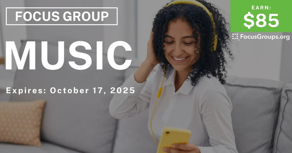 Graphic promoting Focus Group for Women in Miami on Music, $85 payout, happening October 17, 2025