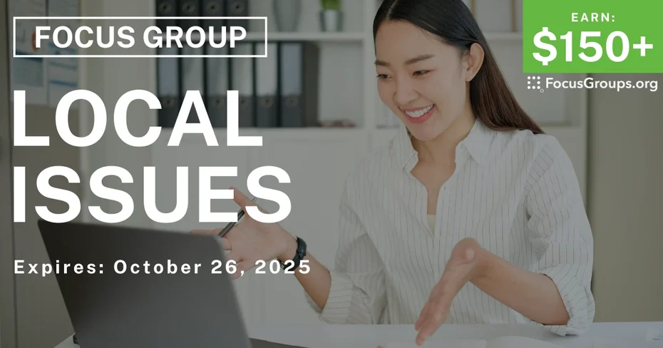 Graphic promoting Focus Group in New Jersey on Local Issues, $150+ payout, happening October 27, 2025