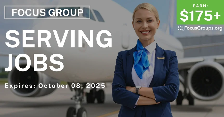 Graphic promoting Focus Group in Chicago on Serving Jobs, $175+ payout, happening October 09, 2025