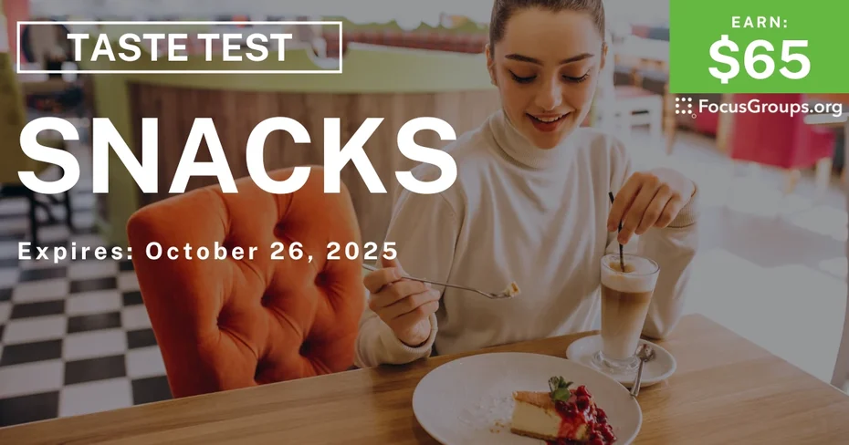 Graphic promoting Taste Test in SF on Snacks, $65 payout, happening October 27, 2025