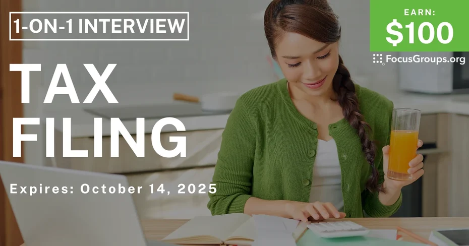 Graphic promoting Research Study on Tax Filing, $100 payout, happening October 15, 2025