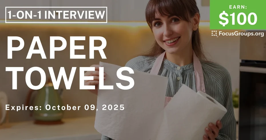 Graphic promoting Research Study in Cincinnati on Paper Towels, $100 payout, happening October 10, 2025