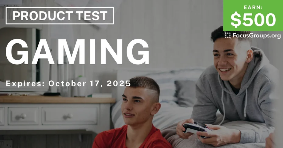 Graphic promoting Product Test for Teens in LA on Gaming, $500 payout, happening October 18, 2025