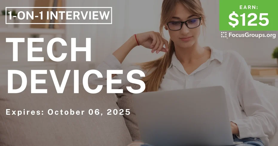 Graphic promoting Research Study in Denver on Tech Devices, $125 payout, happening October 07, 2025