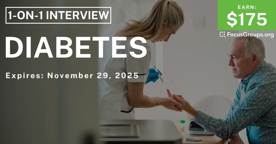 Graphic promoting Research Study on Diabetes, $175 payout, happening November 30, 2025