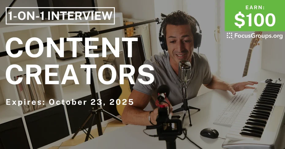 Graphic promoting Research Study for Content Creators, $100 payout, happening October 23, 2025