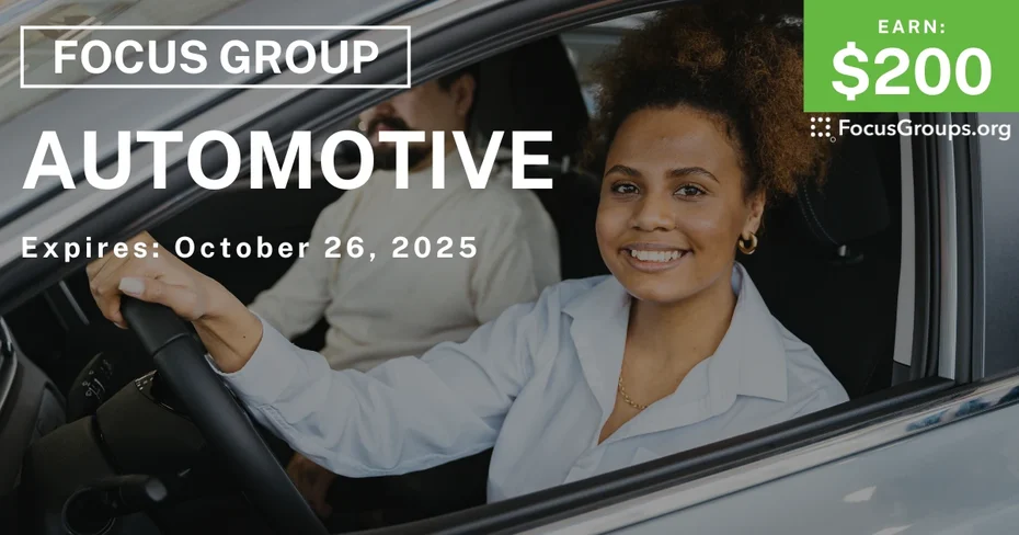 Graphic promoting Focus Group in Irvine on Automotive, $200 payout, happening October 27, 2025