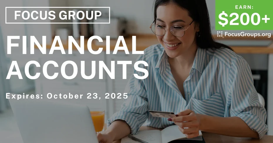 Graphic promoting Focus Group in NYC on Financial Accounts, $200+ payout, happening October 24, 2025