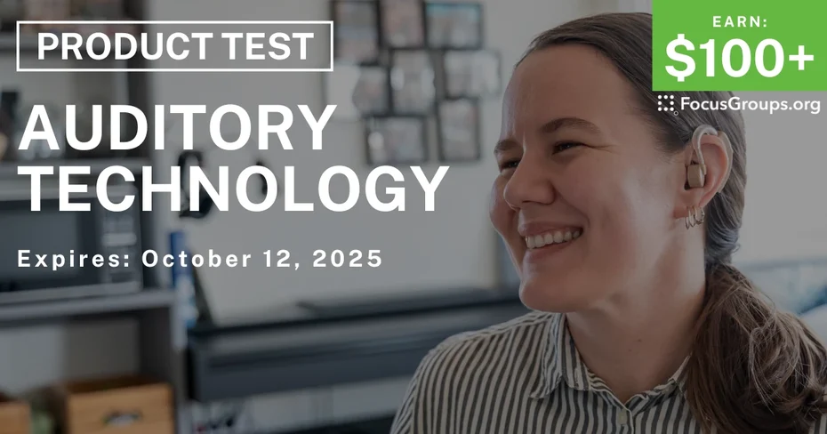 Graphic promoting Product Test in NYC on Auditory Technology, $100+ payout, happening October 13, 2025