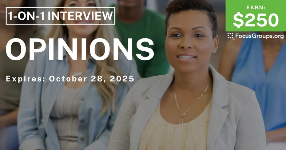 Graphic promoting Research Study in NYC on Opinions, $250 payout, happening October 29, 2025