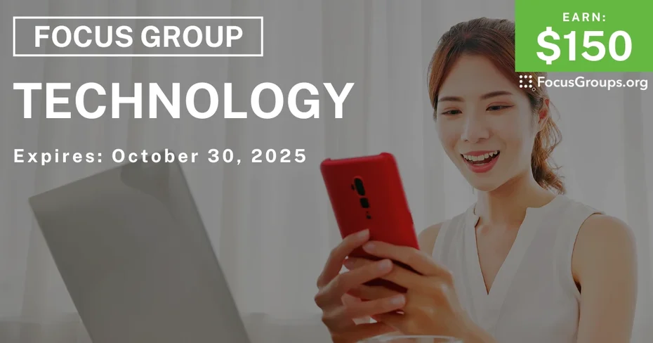 Graphic promoting Technology Research Study, $150 payout, happening October 31, 2025