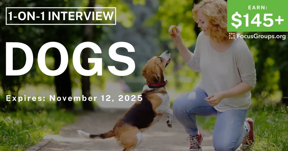 Graphic promoting Research Study on Dogs, $145+ payout, happening November 13, 2025