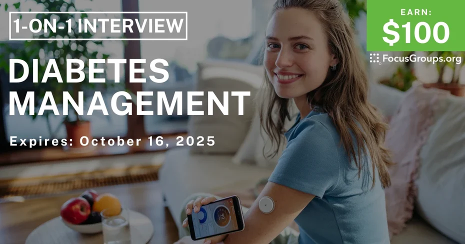 Graphic promoting Research Study on Diabetes Management, $100 payout, happening October 16, 2025